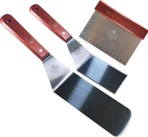 La Cuisine 3-PC SS Griddle Spatula Set - BBQ Tools Set Food Scraper for Grill Teppanyaki Flipping Patties Pancake Fish, 2 pcs SS Spatulas 1 pc Chopper/Scrapper with solid wood handle
