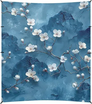 Landscape Oil Painting Cherry Blossom Blue Beach Cabana UPF50  Protection Waterproof Portable Sun Shelter with Sturdy Poles, Sandbags and Shovel for Backyard and Camping