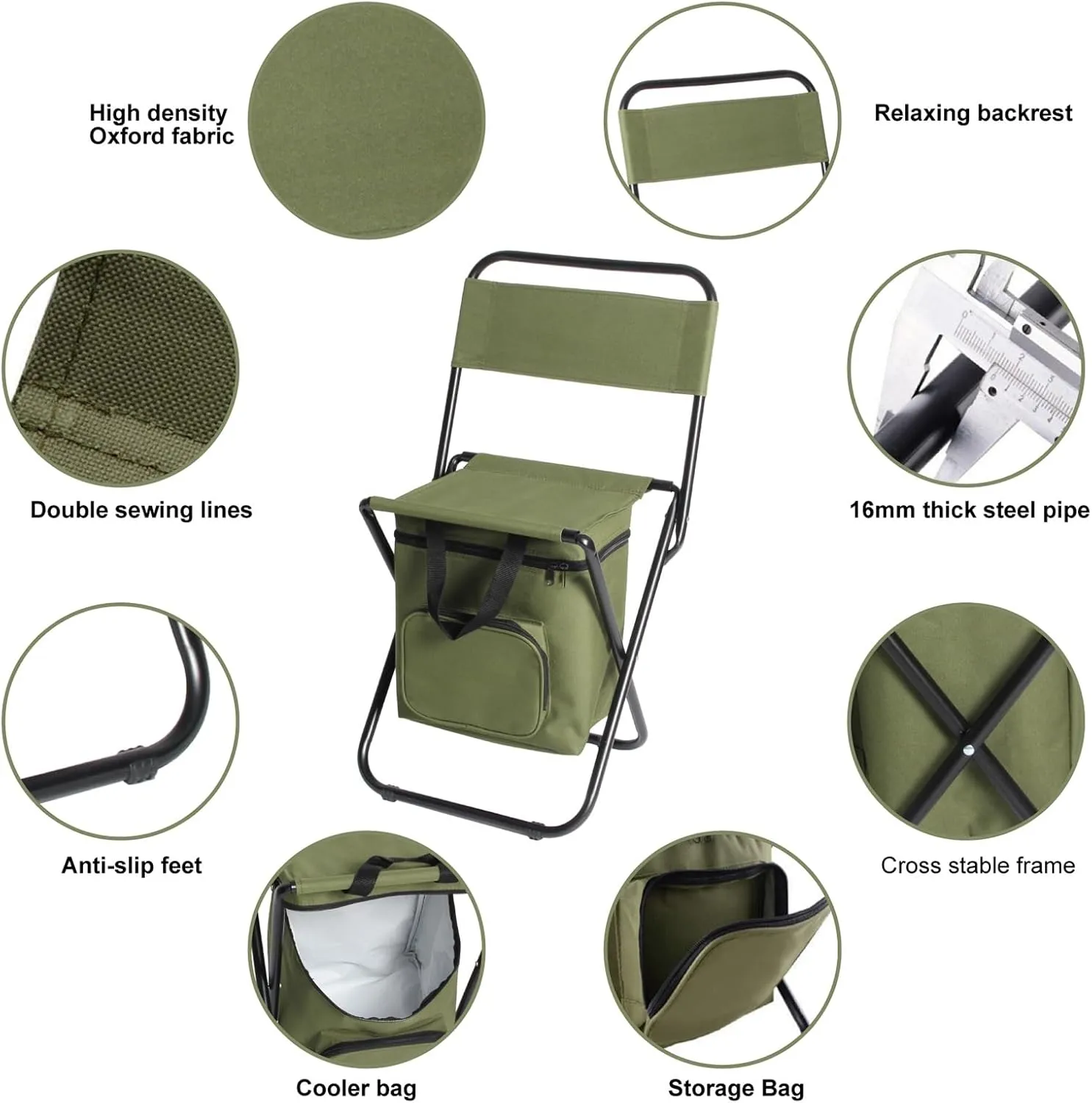 LEADALLWAY Fishing Chair with Cooler Bag Compact Fishing Stool Foldable Camping Chair,Large