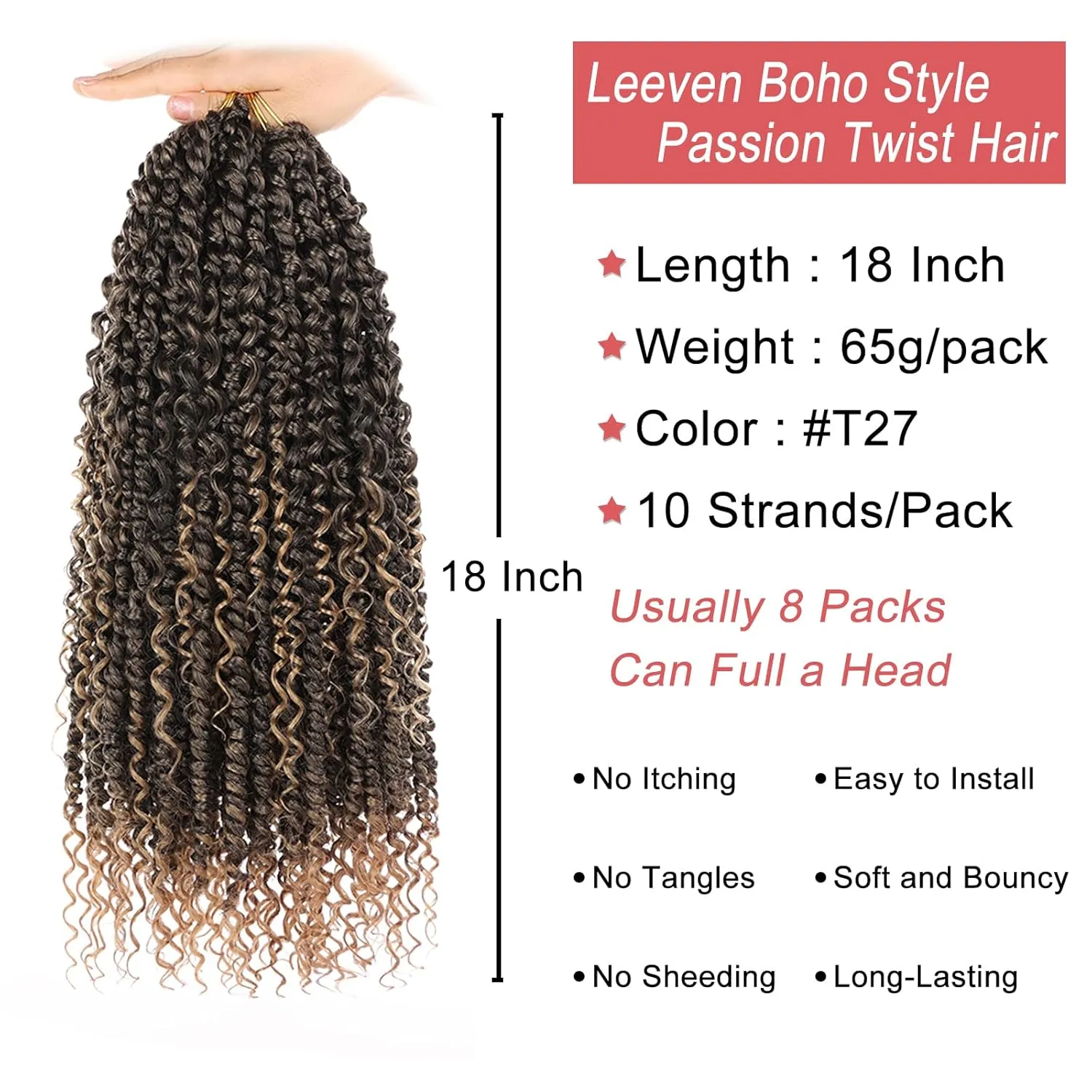 Leeven 18 Inch Goddess Passion Twist Crochet Hair 8 Packs Ombre Honey Blonde Boho Style Crochet Twist Pre Twisted Bomb Twist Curly Ends Pre Looped Bohemian Synthetic Braids for Women #T27