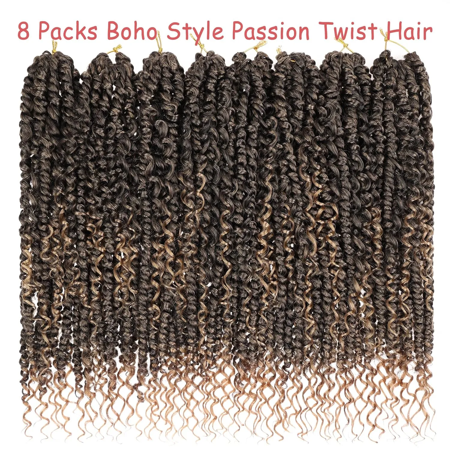 Leeven 18 Inch Goddess Passion Twist Crochet Hair 8 Packs Ombre Honey Blonde Boho Style Crochet Twist Pre Twisted Bomb Twist Curly Ends Pre Looped Bohemian Synthetic Braids for Women #T27