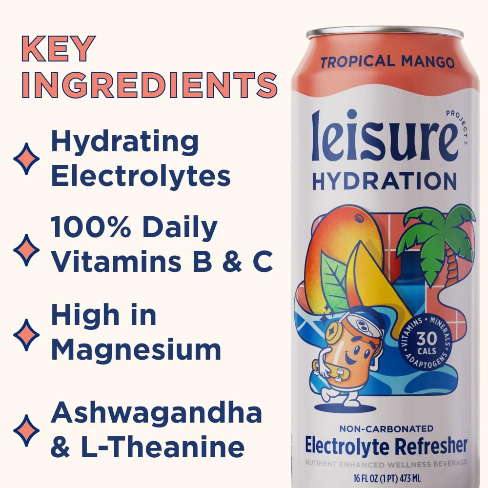 Leisure Hydration Non-Carbonated Electrolyte Refresher, Tropical Mango Flavor - Low Sugar Nutrient Enhanced Water Beverage - Get The Best Hydration Packed w/ Magnesium & Ashwagandha For Mood & Stress Support, Non-GMO, 16 oz (12-Cans)