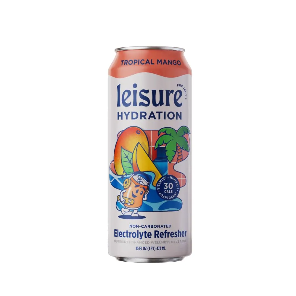 Leisure Hydration Non-Carbonated Electrolyte Refresher, Tropical Mango Flavor - Low Sugar Nutrient Enhanced Water Beverage - Get The Best Hydration Packed w/ Magnesium & Ashwagandha For Mood & Stress Support, Non-GMO, 16 oz (12-Cans)