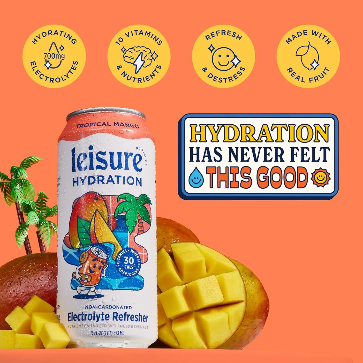 Leisure Hydration Non-Carbonated Electrolyte Refresher, Tropical Mango Flavor - Low Sugar Nutrient Enhanced Water Beverage - Get The Best Hydration Packed w/ Magnesium & Ashwagandha For Mood & Stress Support, Non-GMO, 16 oz (12-Cans)