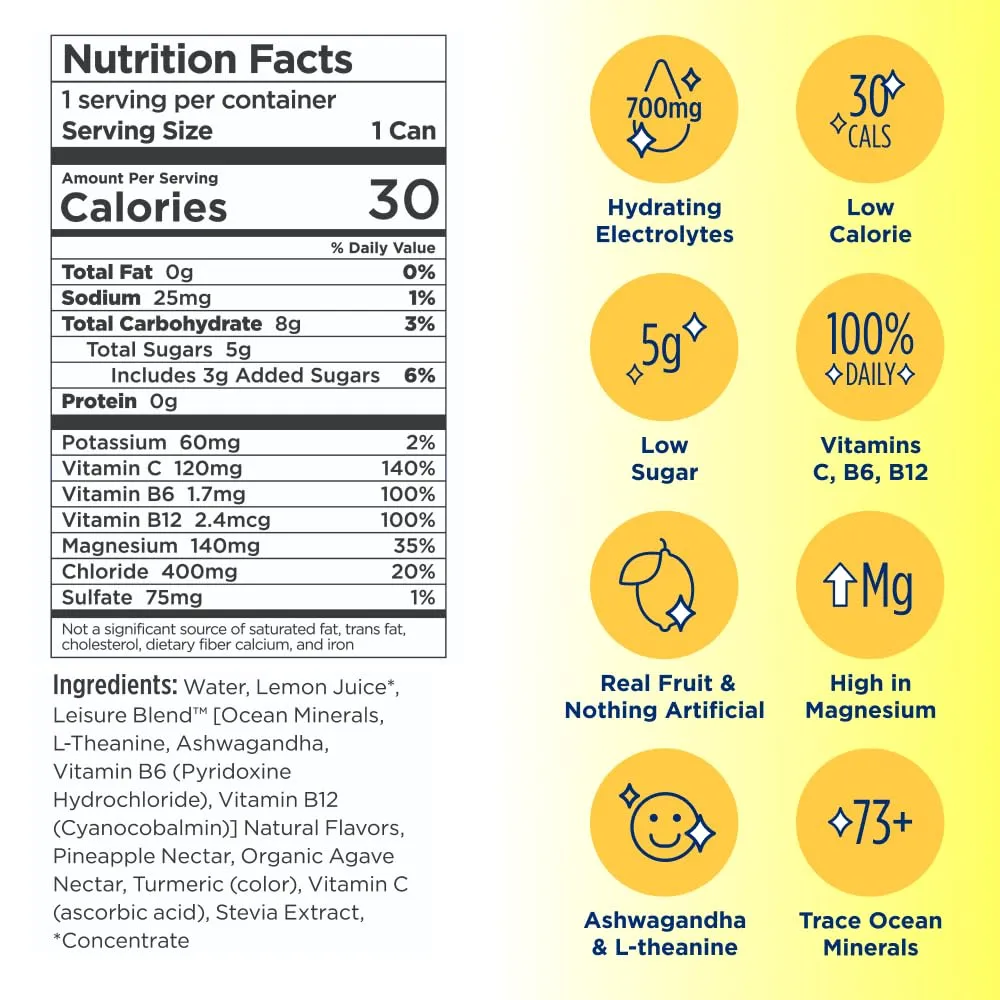 Leisure Hydration Non-Carbonated Electrolyte Refresher, Variety Pack - Low Sugar Nutrient Enhanced Water Beverage - Get The Best Hydration Packed w/ Magnesium & Ashwagandha For Mood & Stress Support, Non-GMO, 16 oz (12-Cans)