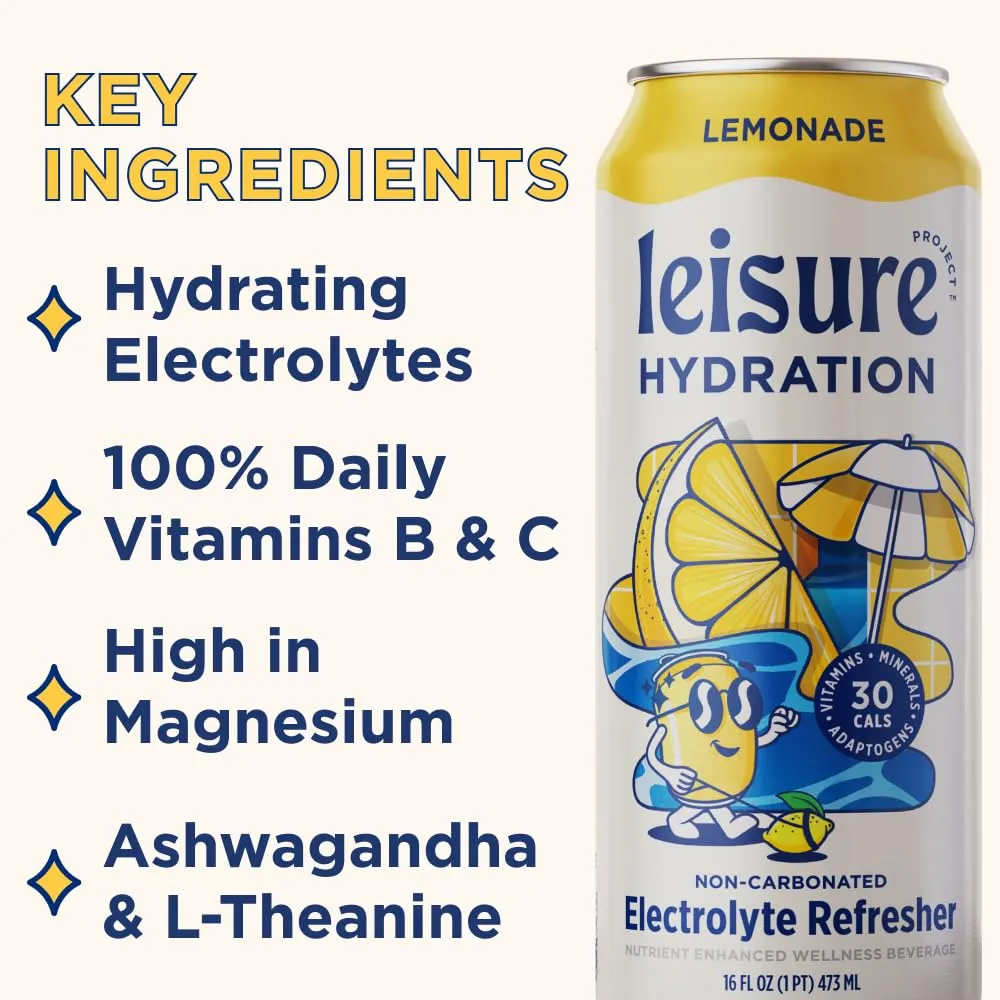 Leisure Hydration Non-Carbonated Electrolyte Refresher, Variety Pack - Low Sugar Nutrient Enhanced Water Beverage - Get The Best Hydration Packed w/ Magnesium & Ashwagandha For Mood & Stress Support, Non-GMO, 16 oz (12-Cans)