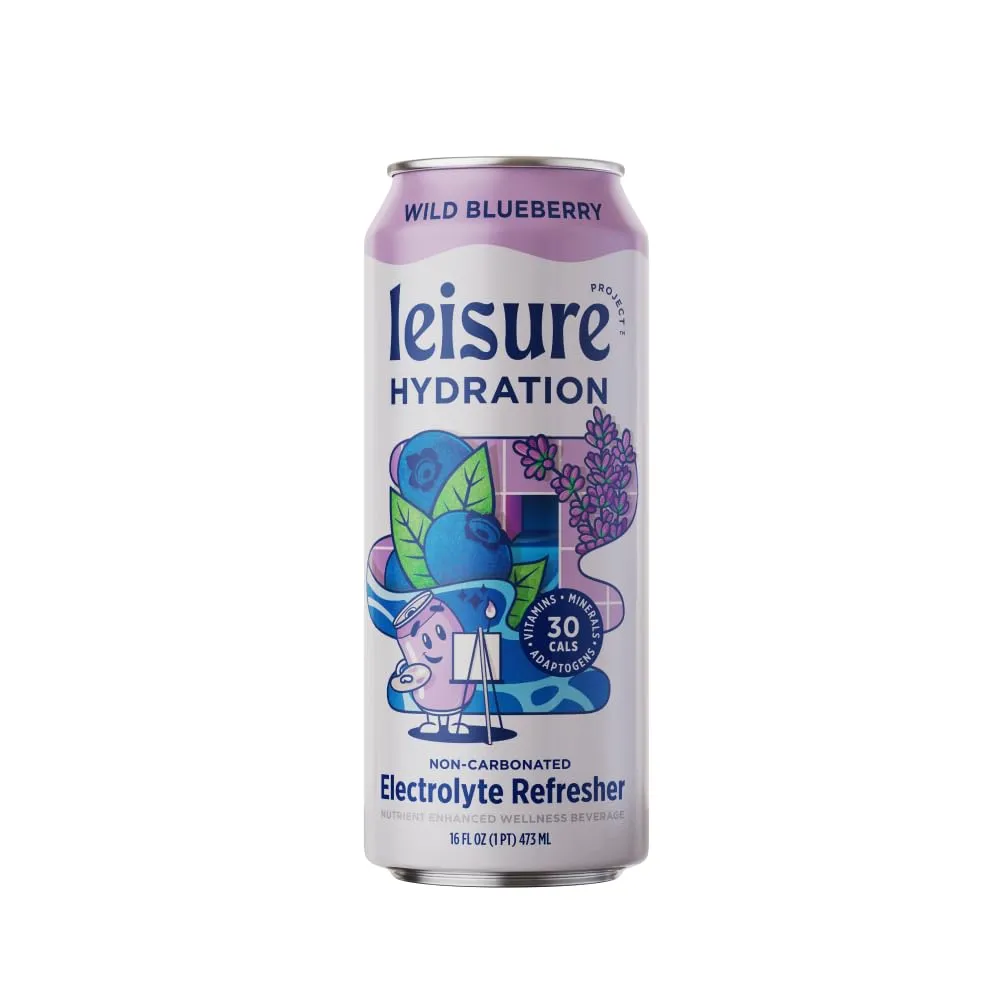 Leisure Hydration Non-Carbonated Electrolyte Refresher, Wild Blueberry Flavor - Low Sugar Nutrient Enhanced Water Beverage - Get The Best Hydration Packed w/ Magnesium & Ashwagandha For Mood & Stress Support, Non-GMO, 16 oz (12-Cans)