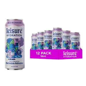 Leisure Hydration Non-Carbonated Electrolyte Refresher, Wild Blueberry Flavor - Low Sugar Nutrient Enhanced Water Beverage - Get The Best Hydration Packed w/ Magnesium & Ashwagandha For Mood & Stress Support, Non-GMO, 16 oz (12-Cans)