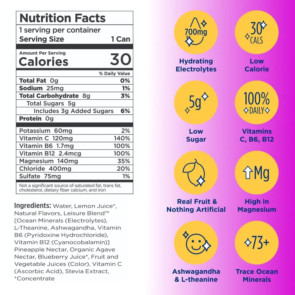 Leisure Hydration Non-Carbonated Electrolyte Refresher, Wild Blueberry Flavor - Low Sugar Nutrient Enhanced Water Beverage - Get The Best Hydration Packed w/ Magnesium & Ashwagandha For Mood & Stress Support, Non-GMO, 16 oz (12-Cans)