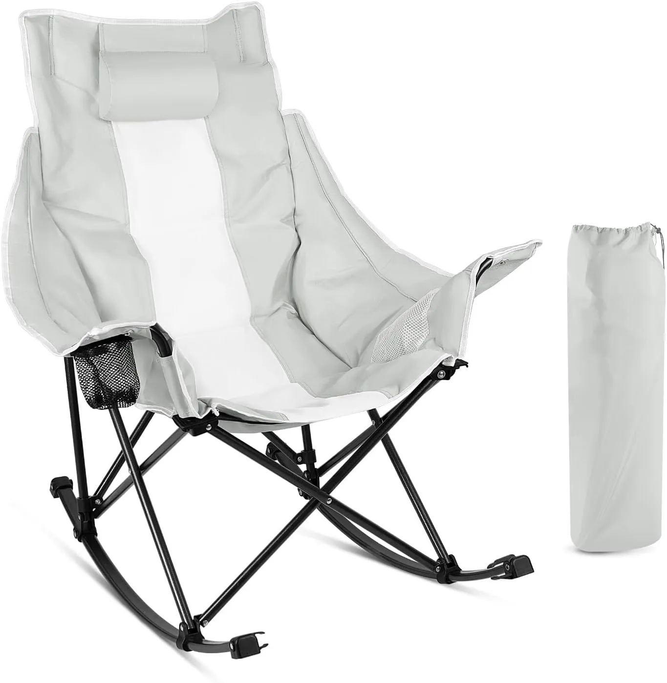 LEMBERI Outdoor Folding Rocking Camping Chair for Adults,Portable Oversized Heavy Duty Camping Rocker, Folding Lawn Chair for Outside Use with Cup Holder,Cooler Bag and Side Pocket