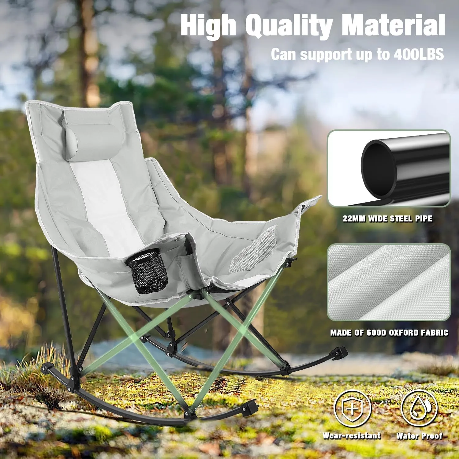 LEMBERI Outdoor Folding Rocking Camping Chair for Adults,Portable Oversized Heavy Duty Camping Rocker, Folding Lawn Chair for Outside Use with Cup Holder,Cooler Bag and Side Pocket