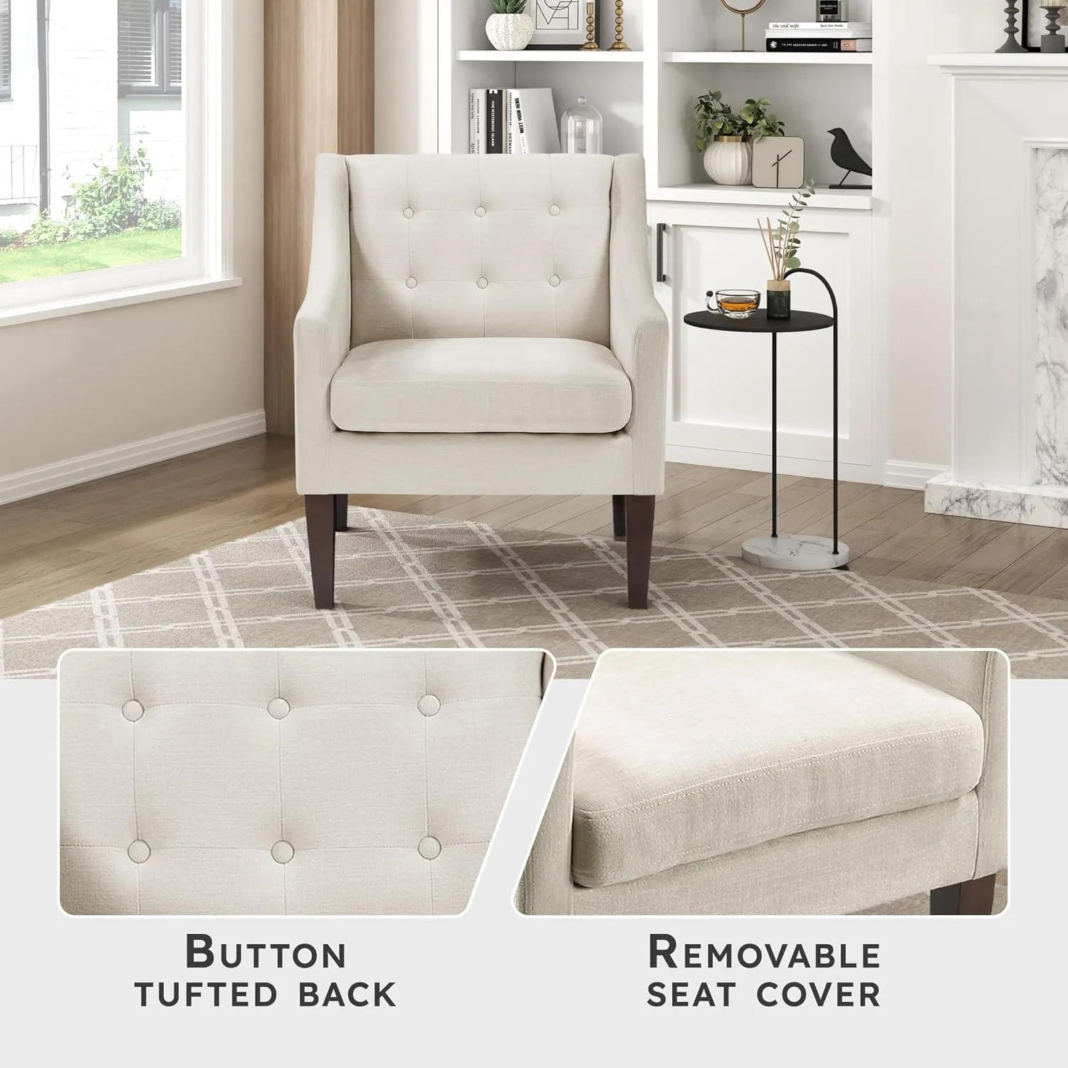 Lexicon Living Room Accent Chair, Textured Fabric Upholstered Arm Chair with Button Tufted Back, Sloped Arms and Wooden Legs, Beige