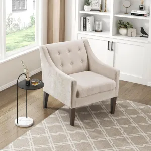 Lexicon Living Room Accent Chair, Textured Fabric Upholstered Arm Chair with Button Tufted Back, Sloped Arms and Wooden Legs, Beige