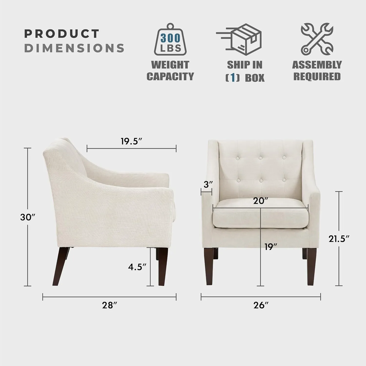 Lexicon Living Room Accent Chair, Textured Fabric Upholstered Arm Chair with Button Tufted Back, Sloped Arms and Wooden Legs, Beige
