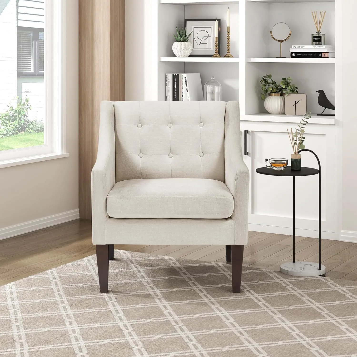 Lexicon Living Room Accent Chair, Textured Fabric Upholstered Arm Chair with Button Tufted Back, Sloped Arms and Wooden Legs, Beige