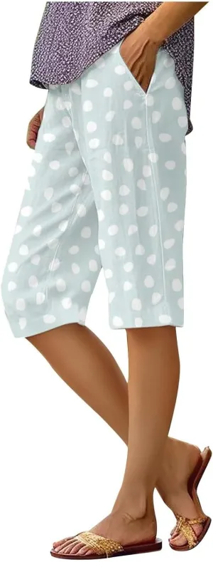 Linen Bermuda Shorts for Women Knee Length Casual Summer Plus Size Polka Dots Pants Lightweight Beach Lounge Shorts