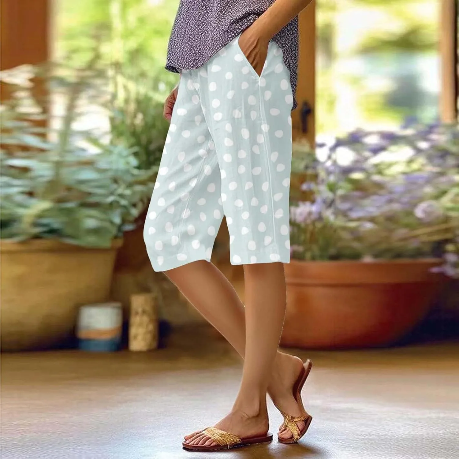Linen Bermuda Shorts for Women Knee Length Casual Summer Plus Size Polka Dots Pants Lightweight Beach Lounge Shorts
