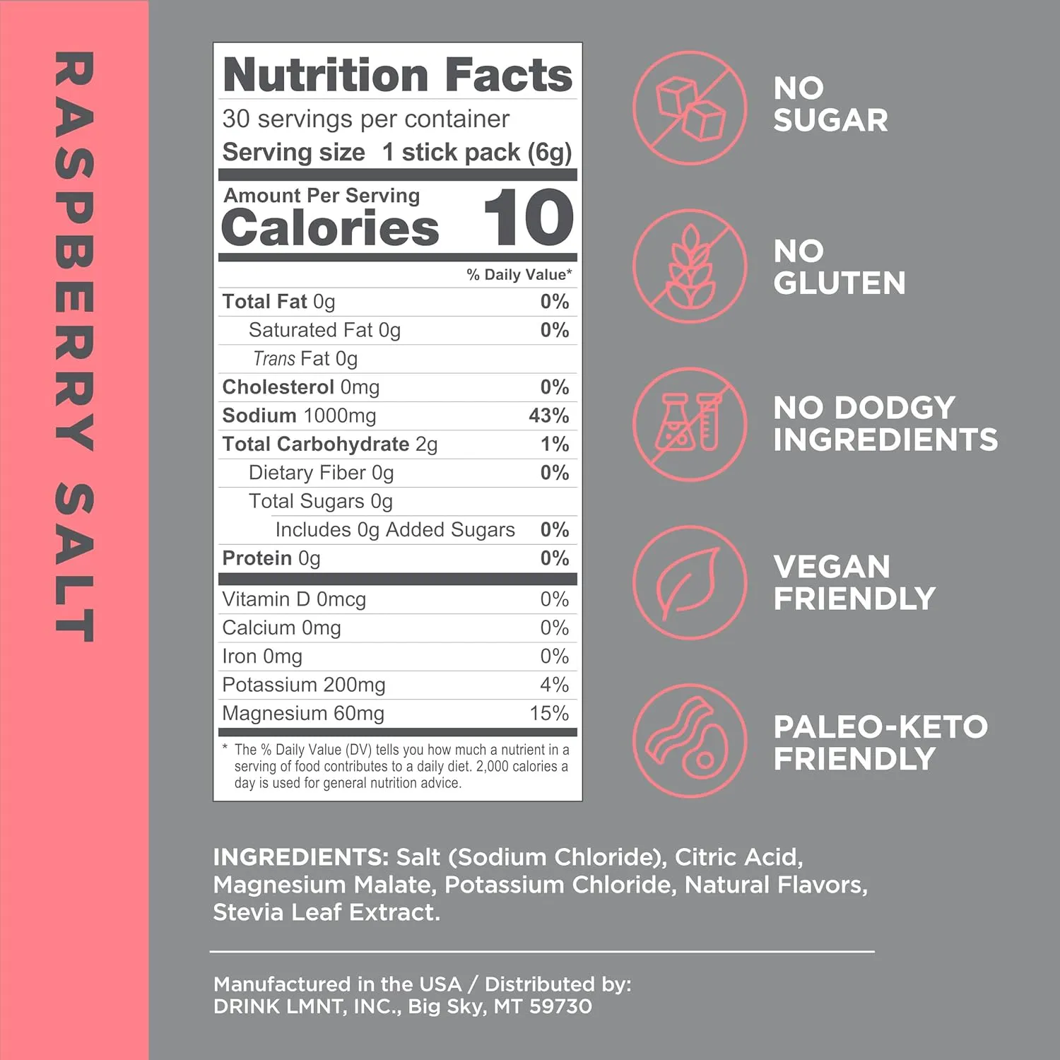 LMNT Zero Sugar Electrolytes - Raspberry Salt | Drink Mix | 30-Count