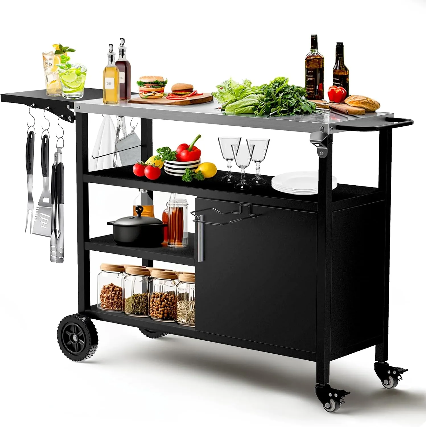 LotFun Outdoor Grill Cart with Storage and Extra Double Shelf, 38" x 18" Movable Grill Table with Wheels Hooks and Spice Rack, Patio Kitchen Island Outdoor for Home Party Outside BBQ Bar