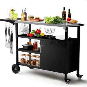 LotFun Outdoor Grill Cart with Storage and Extra Double Shelf, 38" x 18" Movable Grill Table with Wheels Hooks and Spice Rack, Patio Kitchen Island Outdoor for Home Party Outside BBQ Bar