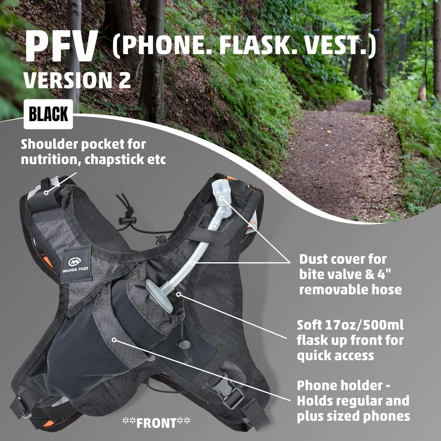 M Orange Mud Phone Flask Vest (PFV), Black, 2.0