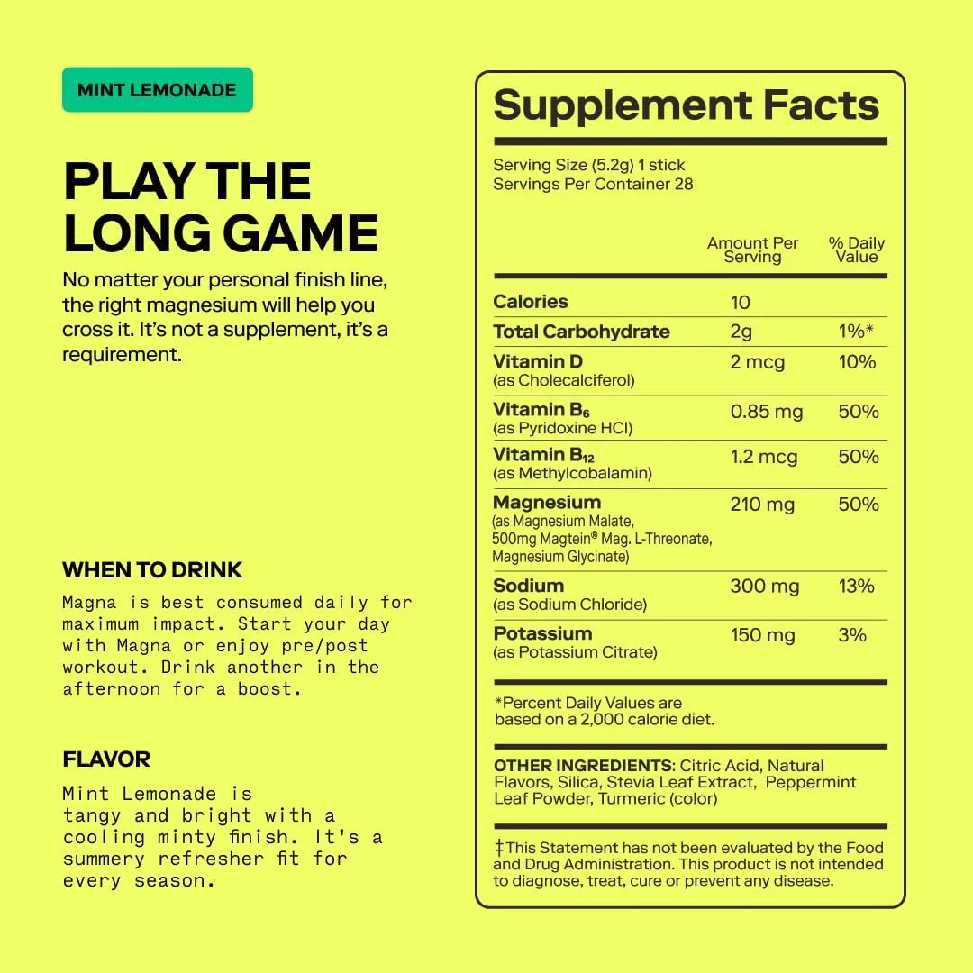 MAGNA Electrolyte Powder Drink Mix for Hydration, Energy & Focus Support with Magnesium L Threonate, Malate & Glycinate, Sodium, Potassium, Vitamin D, B6 & B12, Mint Lemonade Flavor, 30 Servings