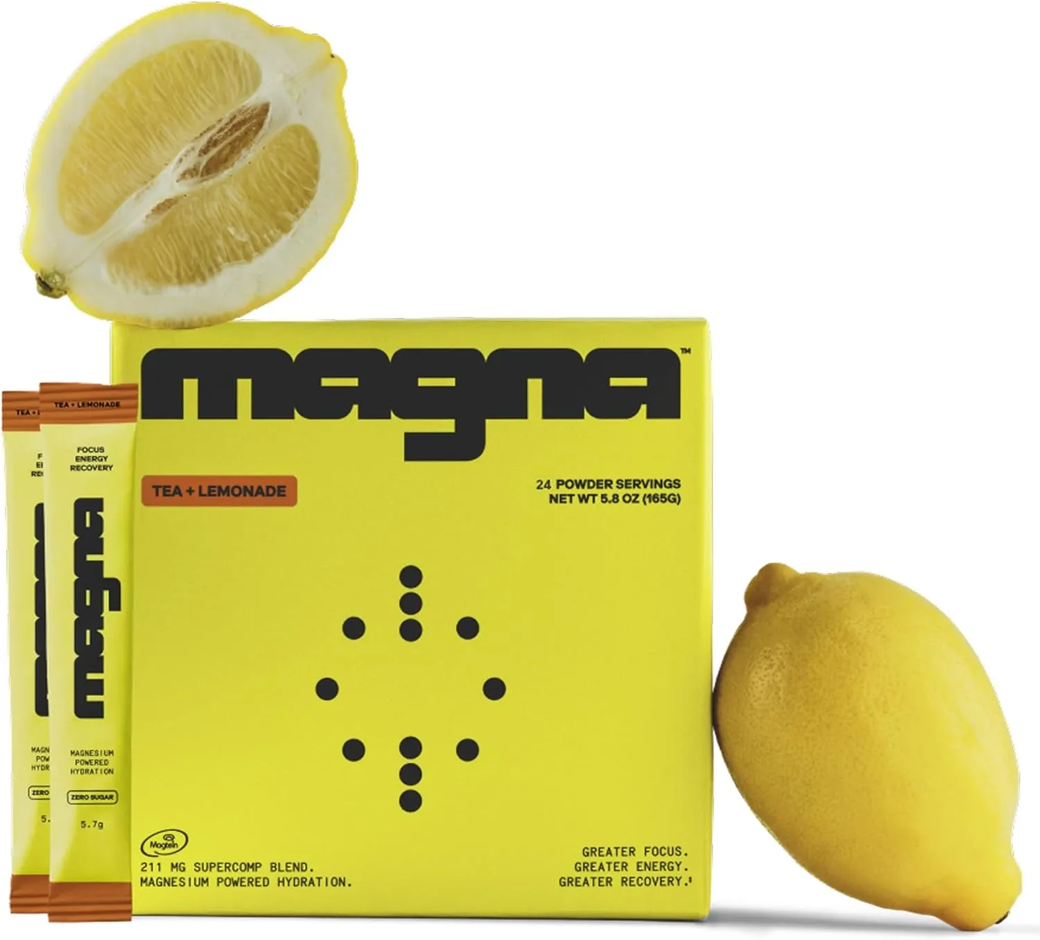 MAGNA Electrolyte Powder Drink Mix for Hydration, Energy & Focus Support with Magnesium L Threonate, Malate & Glycinate, Sodium, Potassium, Vitamin D, B6 & B12, Tea Lemonade Flavor, 24 Servings