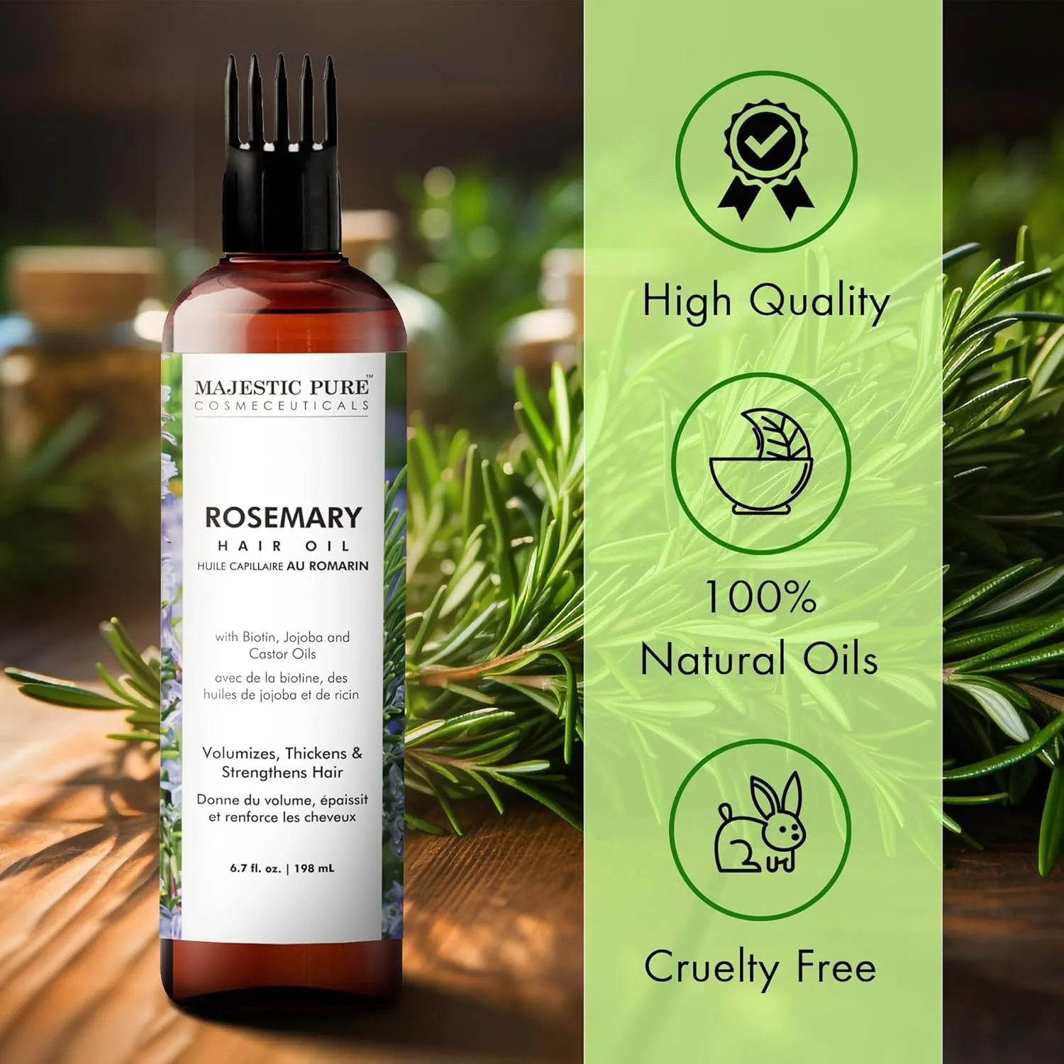 Majestic Pure 100% Pure Oil with Biotin for Hair Care, Strengthening, Nourishing, and Volumizing Formula with Jojoba Oil and Castor Oil - Non GMO Verified (6.7 Fl Oz (Pack of 2), Rosemary)