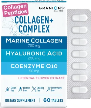 Marine Collagen Pills Complex – 750mg Hydrolyzed Marine Collagen Peptides, 200mg Hyaluronic Acid Supplement, Coenzyme Q10 CoQ10, Eternal Flower Hydration, Age Defense Supplements - 60 Sealed Tablets