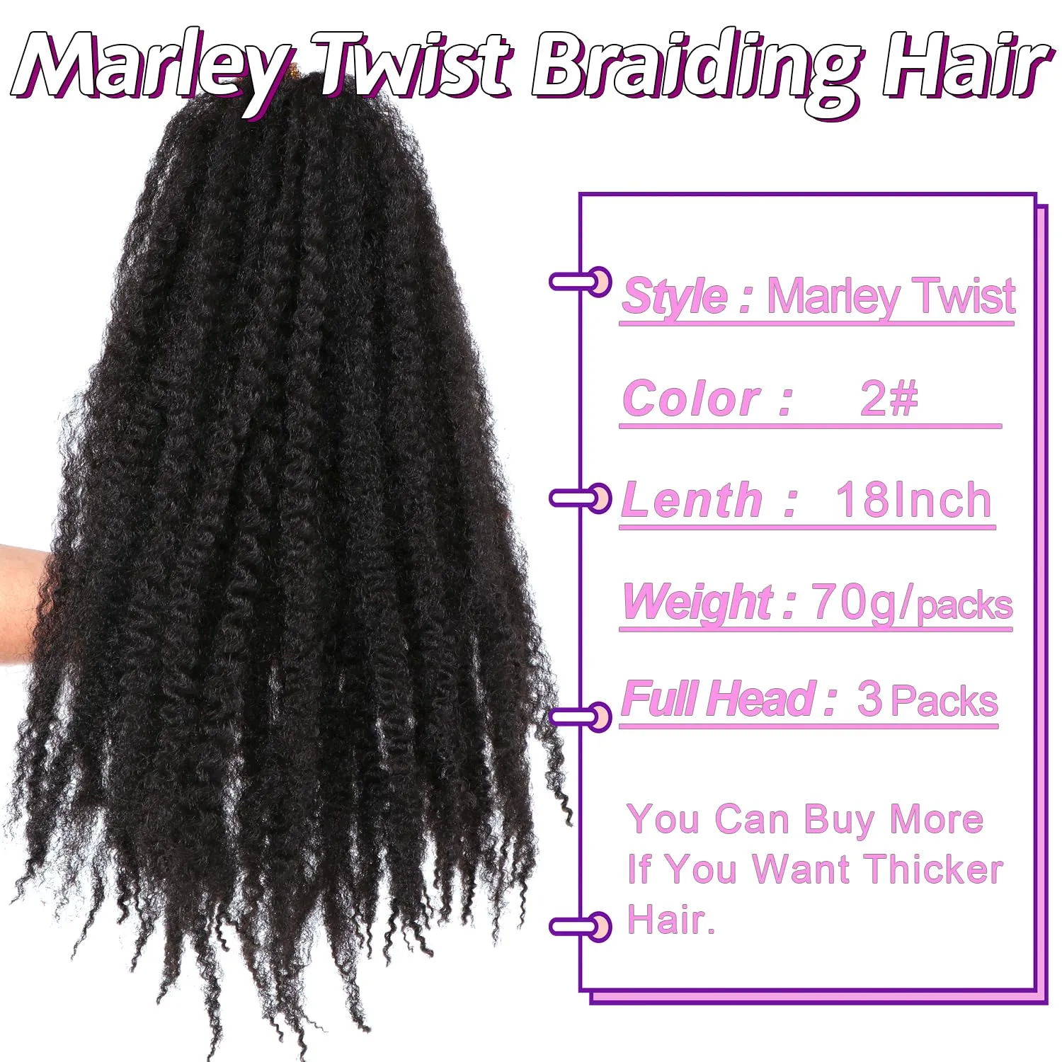 Marley Hair, 18 Inch Afro Kinky Curly Crochet Hair for Faux Locs, 3 Packs, #2