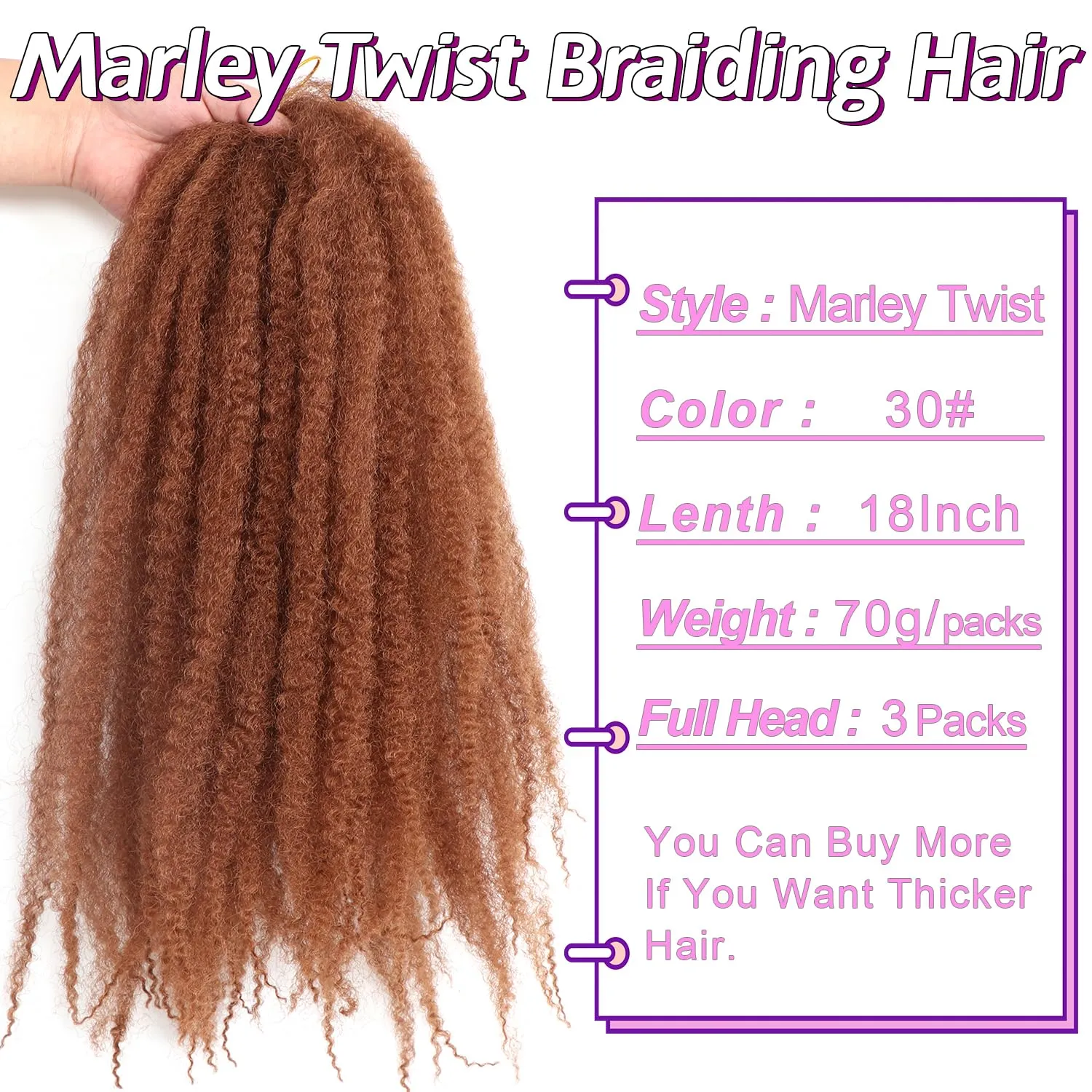 Marley Twist Braiding Hair-18 Inch 90Roots/unfold Soft Marley Twist Hair For Twists 3 Packs Lightweight Cuabn Twist Hair For Black Women(18 Inch 3 Packs, 30#)