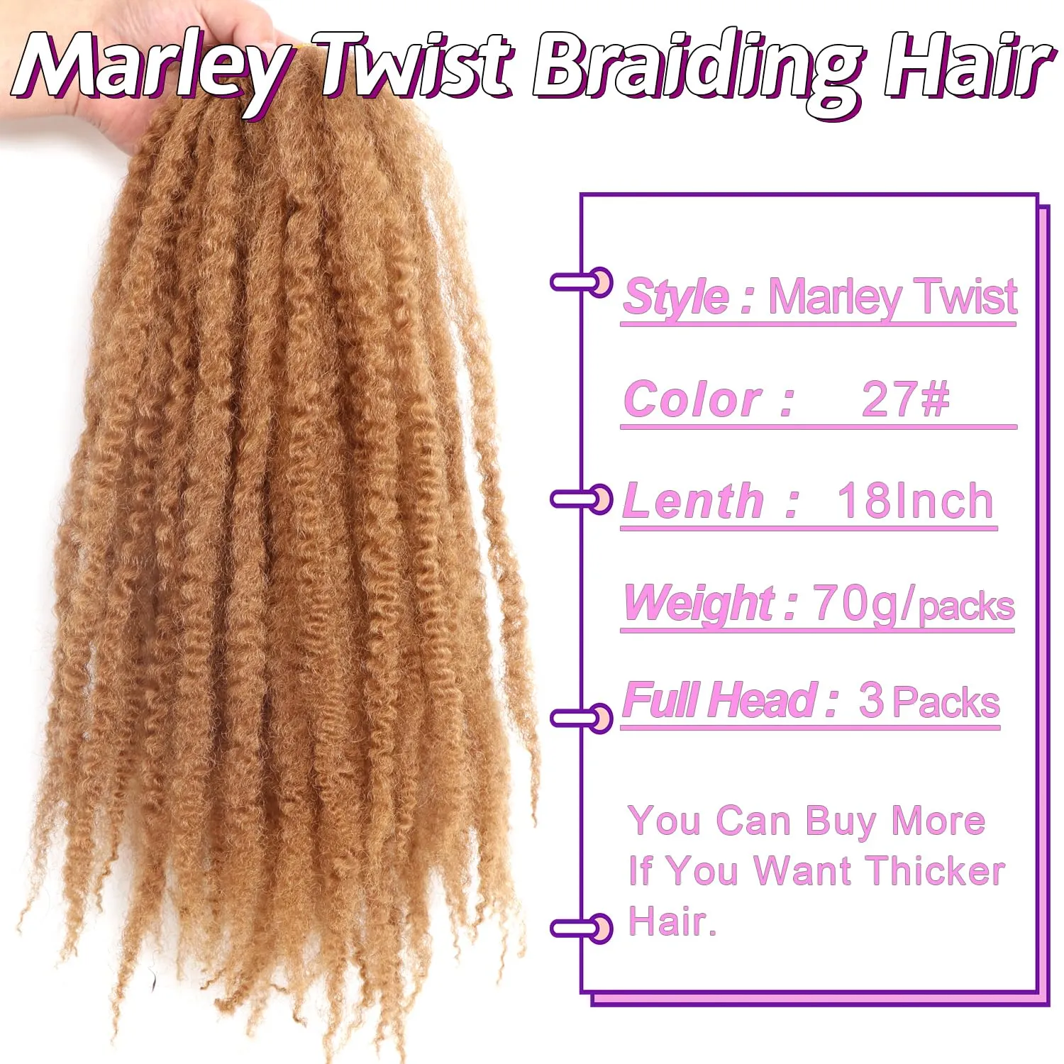 Marley Twist Braiding Hair-18 Inch 90Roots/unfold Soft Marley Twist Hair For Twists 3 Packs Lightweight Cuabn Twist Hair For Black Women(18 Inch 3 Packs,27#)