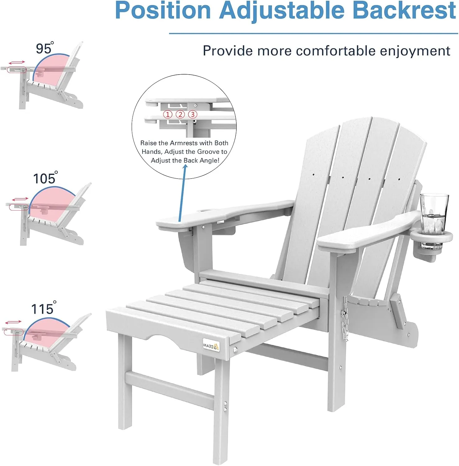 Mdeam 3-Level Adjustable Adirondack Chair with Retractable Ottoman, HDPE All-Weather Folding Fire Pit Chair with 2 Cup Holders, Outdoor Chair for Deck Patio Garden Backyard Lawn (White)