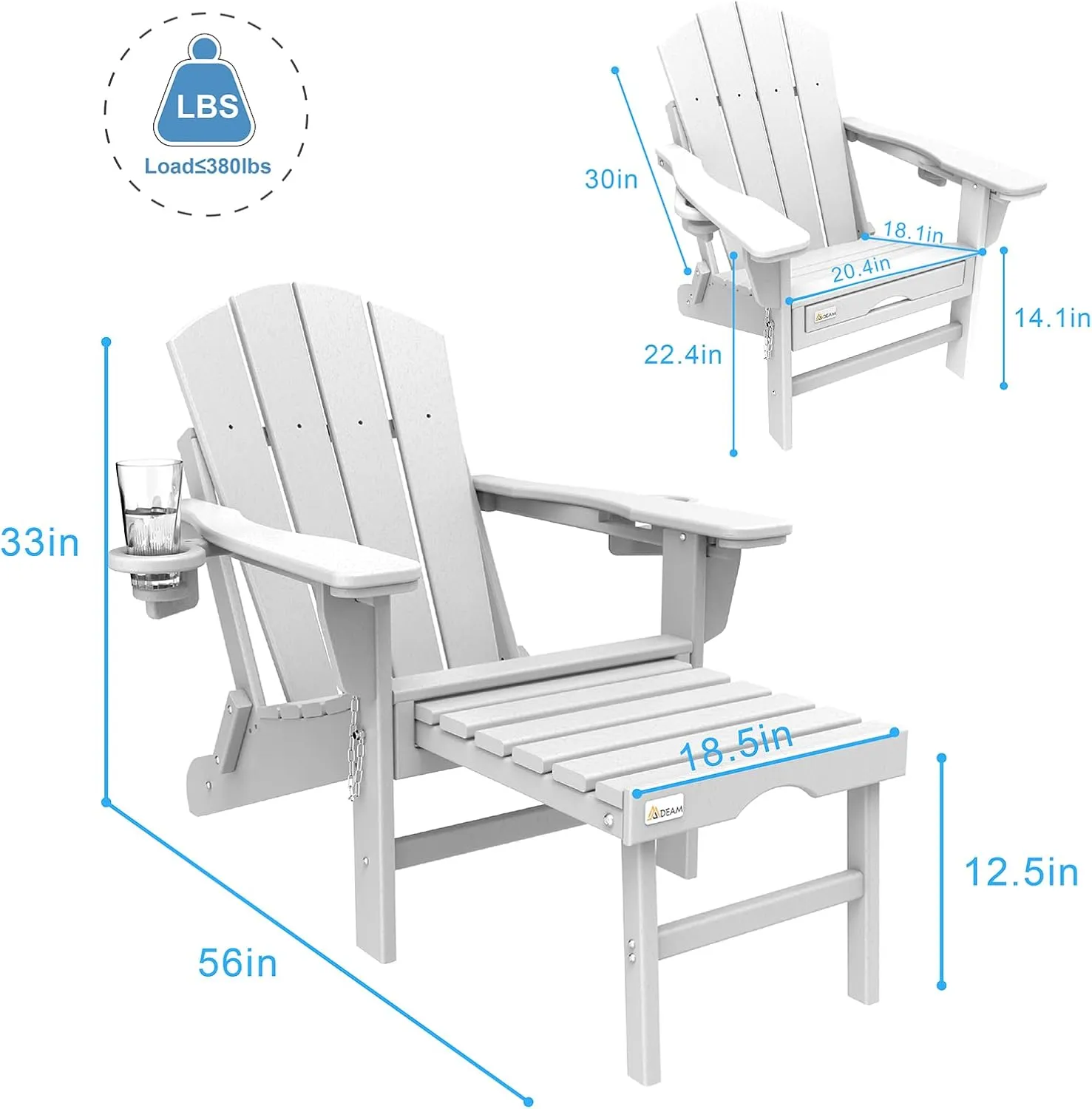 Mdeam 3-Level Adjustable Adirondack Chair with Retractable Ottoman, HDPE All-Weather Folding Fire Pit Chair with 2 Cup Holders, Outdoor Chair for Deck Patio Garden Backyard Lawn (White)