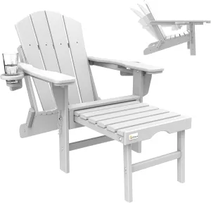 Mdeam 3-Level Adjustable Adirondack Chair with Retractable Ottoman, HDPE All-Weather Folding Fire Pit Chair with 2 Cup Holders, Outdoor Chair for Deck Patio Garden Backyard Lawn (White)