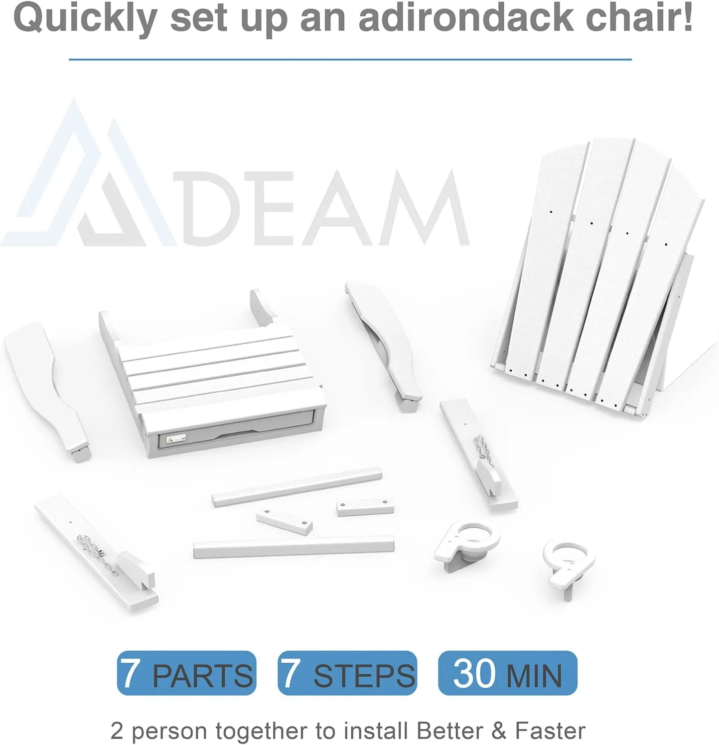 Mdeam 3-Level Adjustable Adirondack Chair with Retractable Ottoman, HDPE All-Weather Folding Fire Pit Chair with 2 Cup Holders, Outdoor Chair for Deck Patio Garden Backyard Lawn (White)