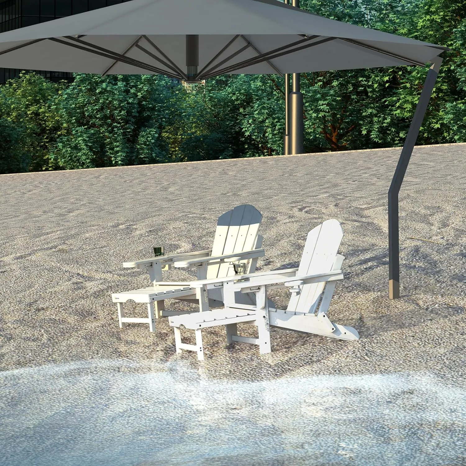 Mdeam 3-Level Adjustable Adirondack Chair with Retractable Ottoman, HDPE All-Weather Folding Fire Pit Chair with 2 Cup Holders, Outdoor Chair for Deck Patio Garden Backyard Lawn (White)