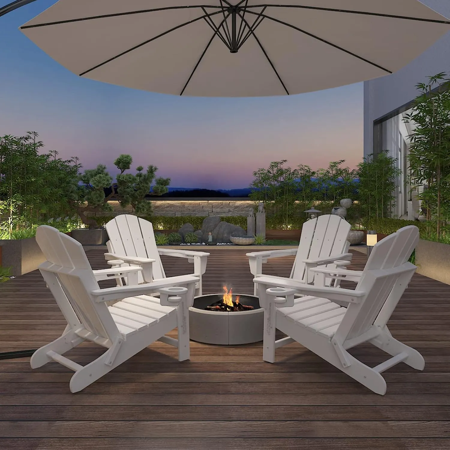 Mdeam 3-Level Adjustable Adirondack Chair with Retractable Ottoman, HDPE All-Weather Folding Fire Pit Chair with 2 Cup Holders, Outdoor Chair for Deck Patio Garden Backyard Lawn (White)
