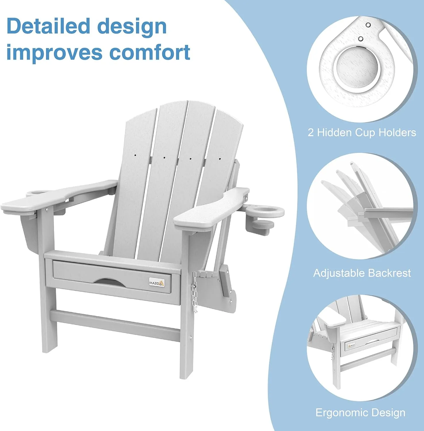 Mdeam 3-Level Adjustable Adirondack Chair with Retractable Ottoman, HDPE All-Weather Folding Fire Pit Chair with 2 Cup Holders, Outdoor Chair for Deck Patio Garden Backyard Lawn (White)