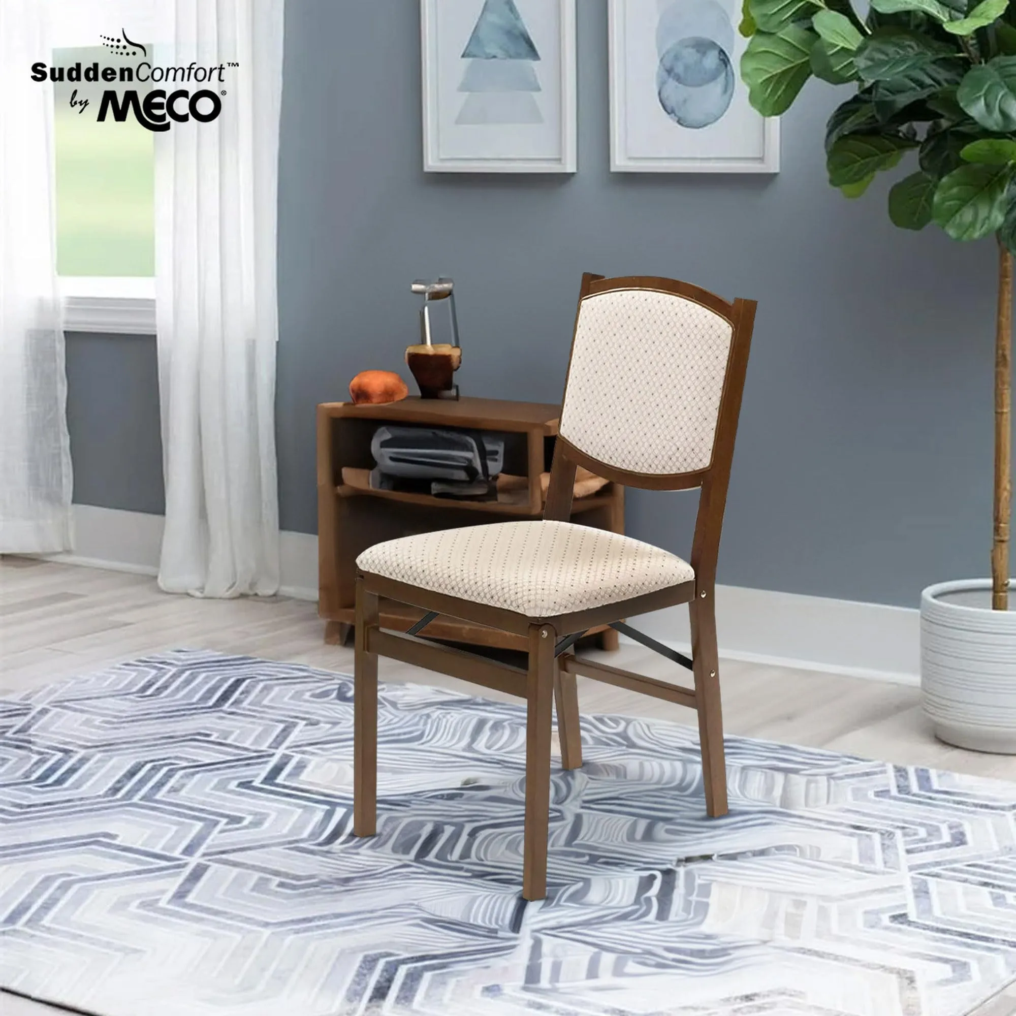 MECO Stakmore Contemporary Premium Solid Wood Dining Compact Folding Chair Set with Fabric Padded Upholstered Seat, Fruitwood, Set of 4