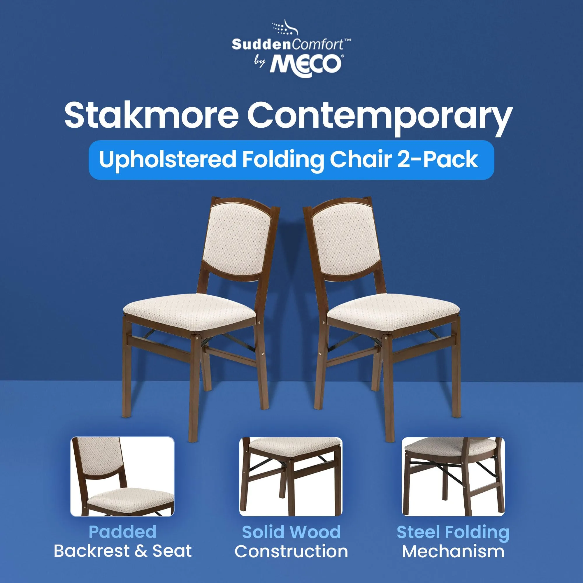 MECO Stakmore Contemporary Premium Solid Wood Dining Compact Folding Chair Set with Fabric Padded Upholstered Seat, Fruitwood, Set of 4