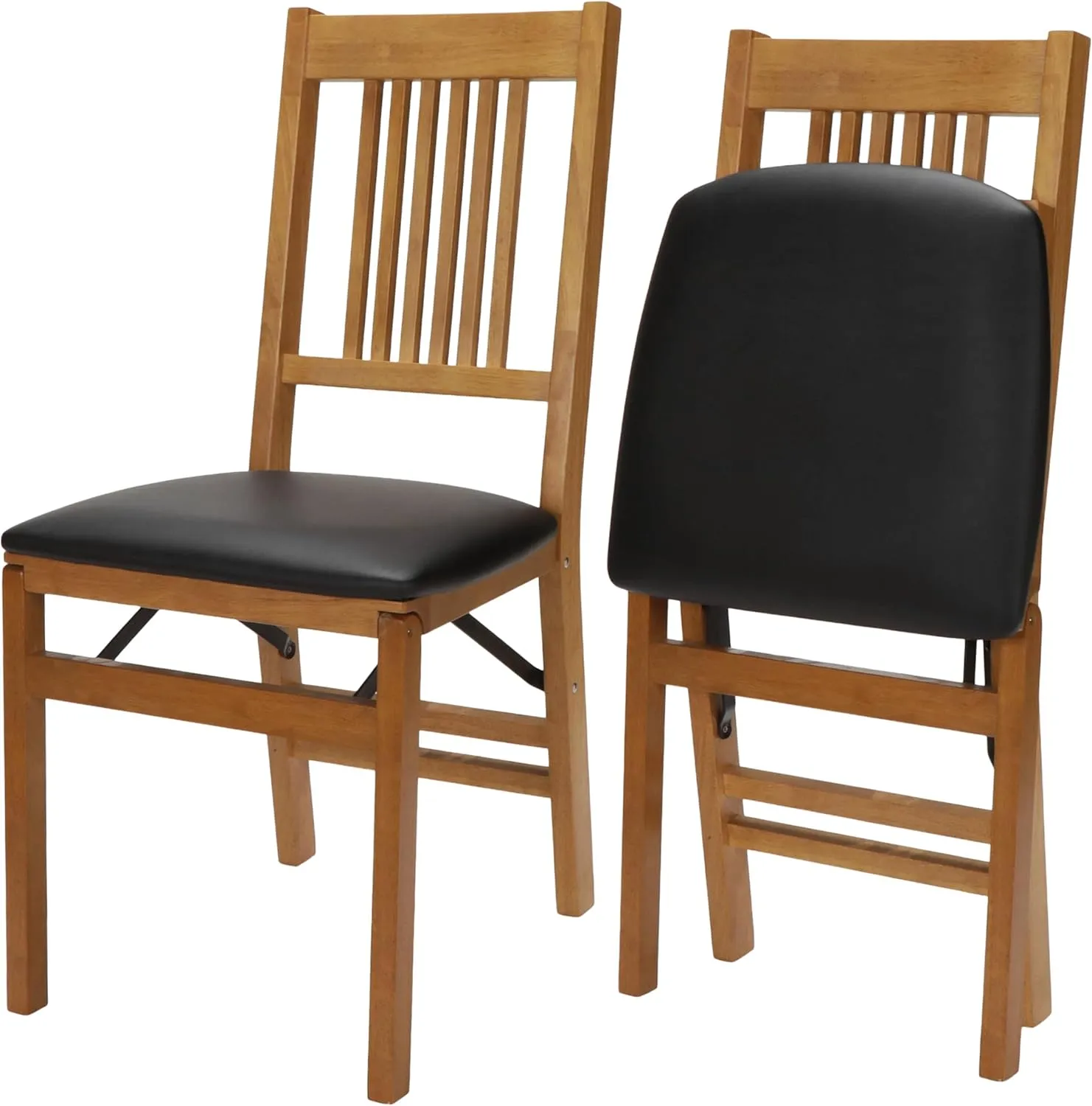 MECO Stakmore True Mission Wooden Folding Chairs with Padded Seats, Set of 2 - No Assembly Foldable Dining Chairs, Steel Folding Mechanism, Upholstered Cushion, Space-Saving, Fruitwood Frame