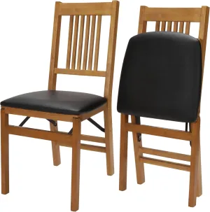 MECO Stakmore True Mission Wooden Folding Chairs with Padded Seats, Set of 2 - No Assembly Foldable Dining Chairs, Steel Folding Mechanism, Upholstered Cushion, Space-Saving, Fruitwood Frame