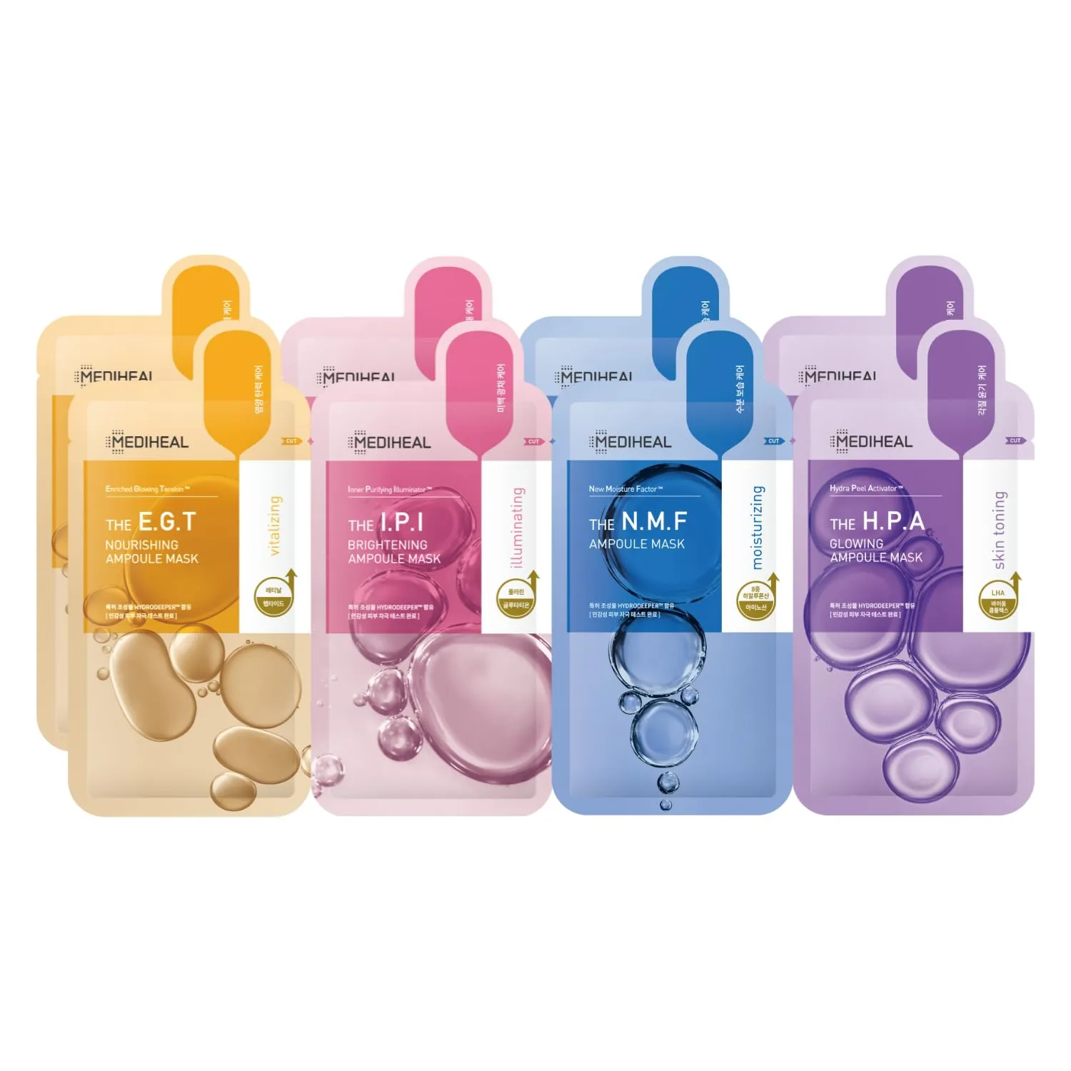 Mediheal Korean Ampoule Combo Mask Sheet Pack of 8 - E.G.T, I.P.I, N.M.F, H.P.A - Value Variety Pack - Hydrating Daily Skincare Sheet Face Sheet Mask - Korean Skincare