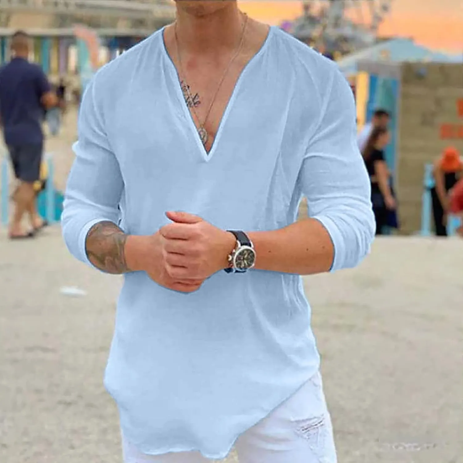 Mens Cotton Linen Shirts Long Sleeve Deep V-neck Tops Casual Beach Loose Solid Tee Shirt Lightweight Comfy T-shirt