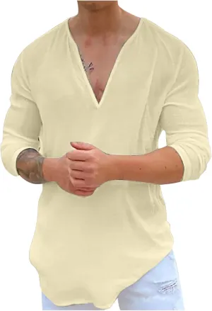 Mens Cotton Linen Shirts Long Sleeve Deep V-neck Tops Casual Beach Loose Solid Tee Shirt Lightweight Comfy T-shirt