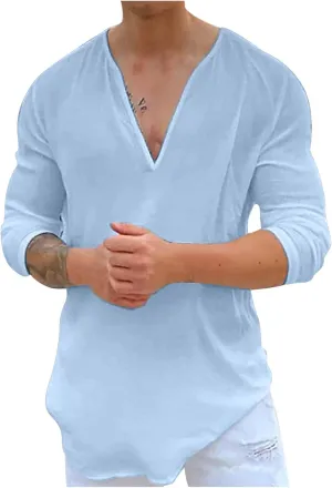 Mens Cotton Linen Shirts Long Sleeve Deep V-neck Tops Casual Beach Loose Solid Tee Shirt Lightweight Comfy T-shirt