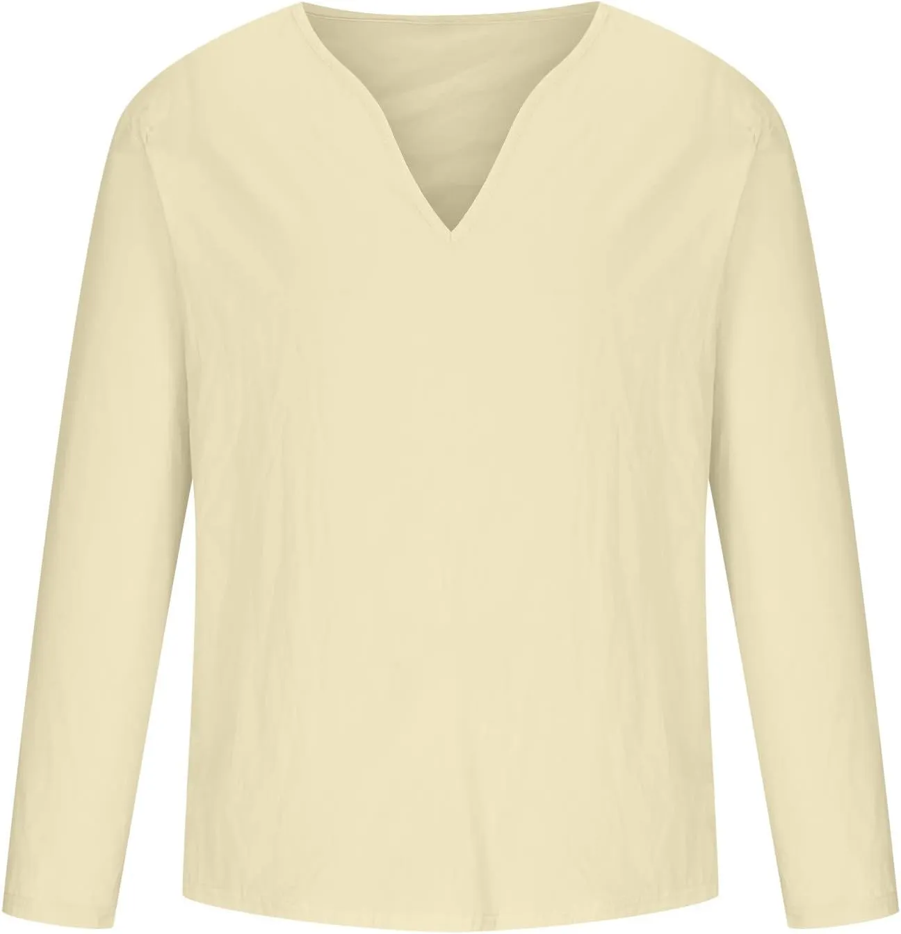 Mens Cotton Linen Shirts Long Sleeve Deep V-neck Tops Casual Beach Loose Solid Tee Shirt Lightweight Comfy T-shirt