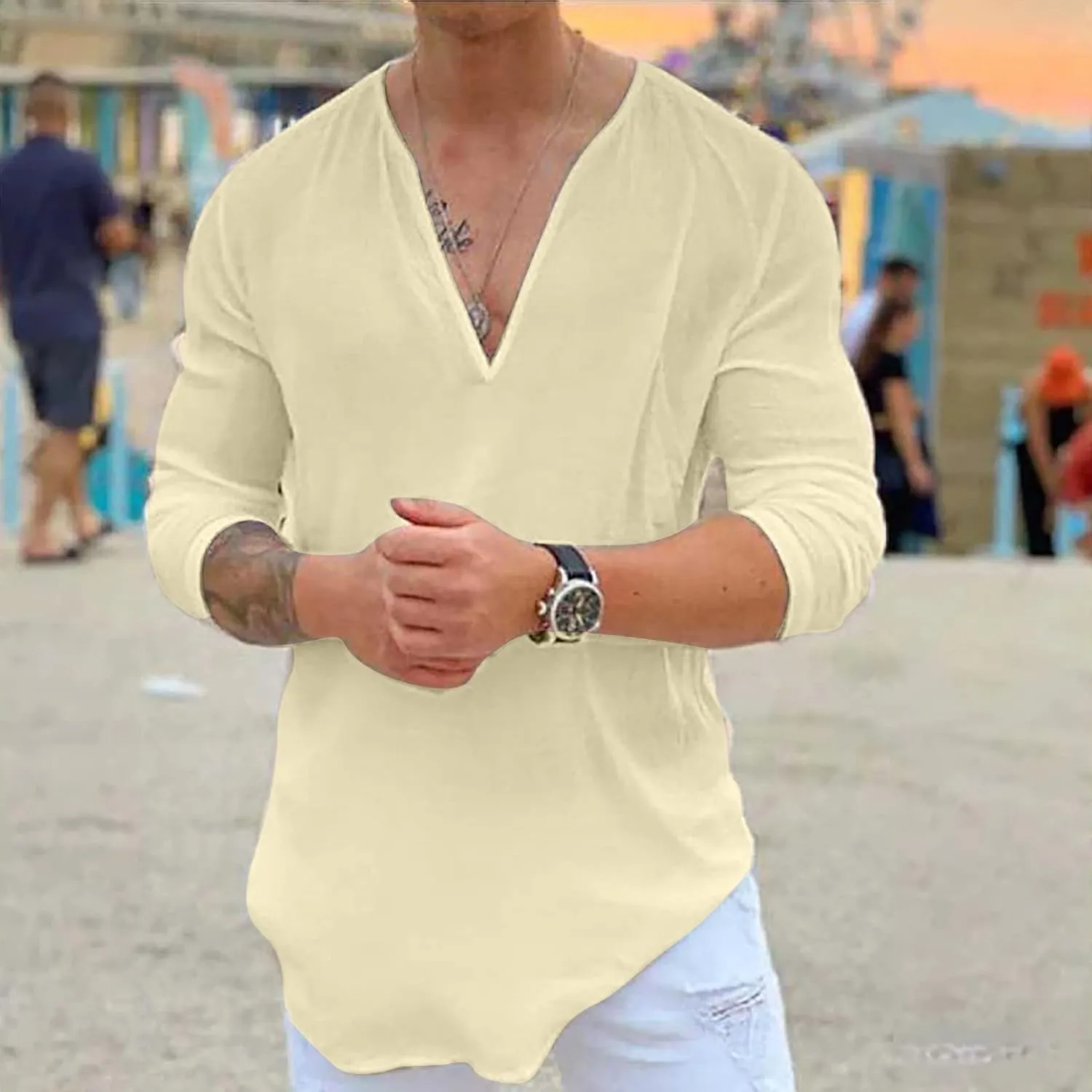 Mens Cotton Linen Shirts Long Sleeve Deep V-neck Tops Casual Beach Loose Solid Tee Shirt Lightweight Comfy T-shirt