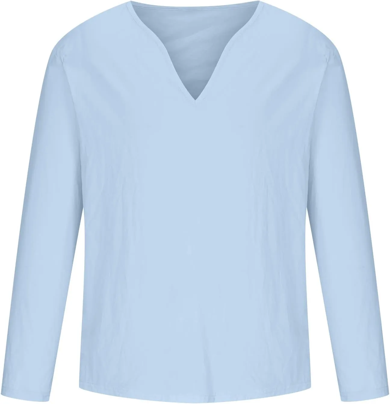 Mens Cotton Linen Shirts Long Sleeve Deep V-neck Tops Casual Beach Loose Solid Tee Shirt Lightweight Comfy T-shirt